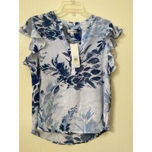 NWT Calvin Klein Size M Blue White Floral Henley Blouse Short Flutter Sleeves